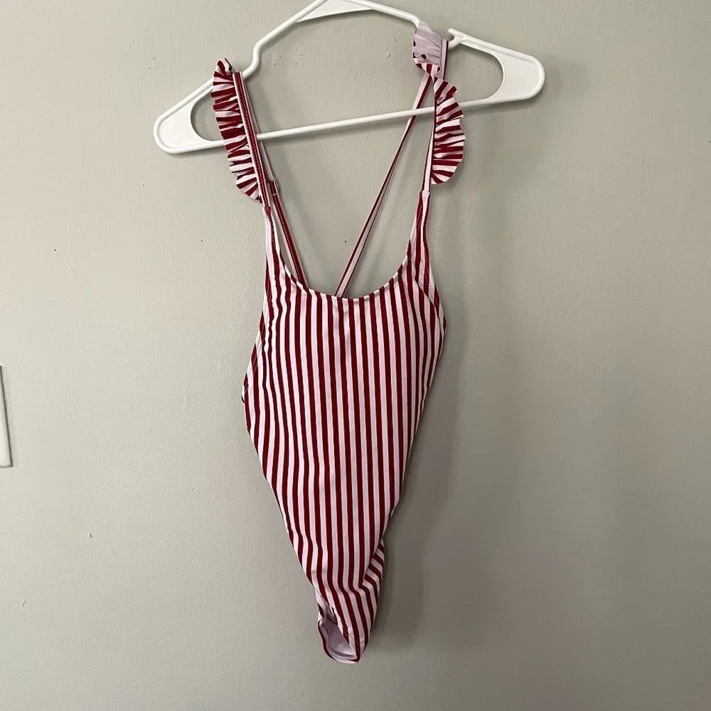 Shein red‎ white striped one piece swimsuit casual comfortable racerback padded